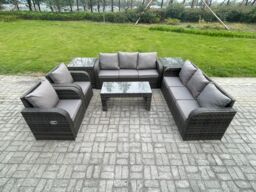 Fimous Wicker PE Rattan Sofa Set Outdoor Patio Garden Furniture with Reclining Chair Coffee Table 2 Side Tables Dark Grey Mixed - thumbnail 2