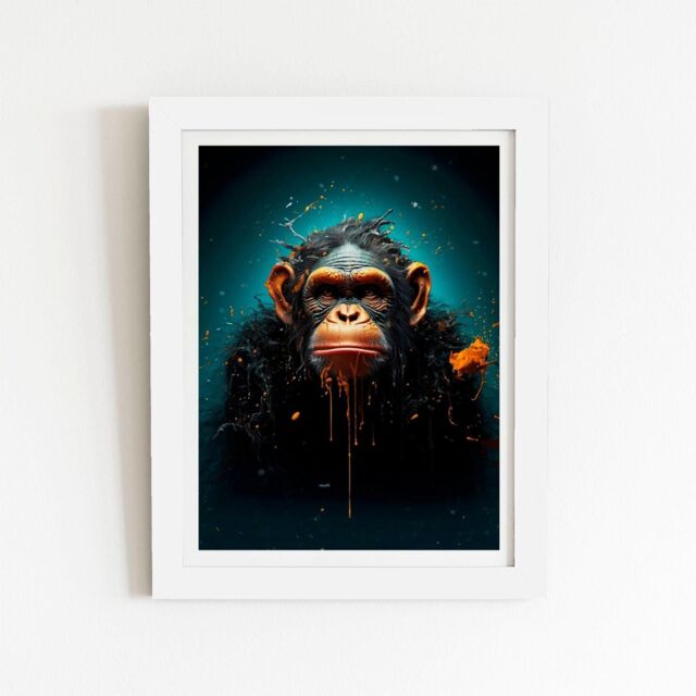"Warren Reed - Designer Monkey Face Splashart Blue Framed Art Print in White - Size: W12"" x H16""" - image 1