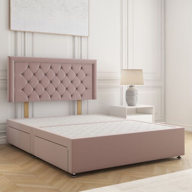 "BSSPOKE Nova Plush Velvet Divan Bed 24"" Headboard 4 Drawers & No Mattress in Pink - Size: Small Double" - image 1