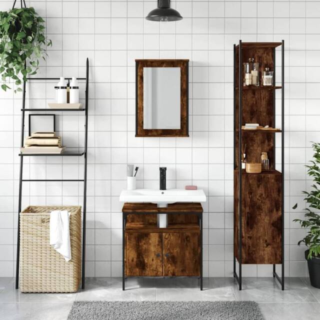 Berkfield Home Durable 3 Piece Bathroom Furniture Set Smoked Oak Engineered Wood in Brown - image 1
