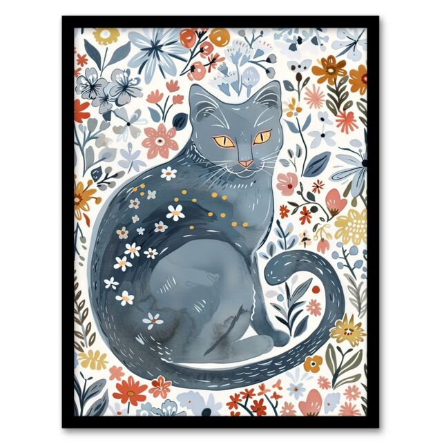 Artery8 Cat Lover Russian Blue with Bright Wildflowers Framed Wall Art - Size: A4 - image 1