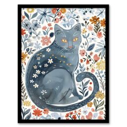 Artery8 Cat Lover Russian Blue with Bright Wildflowers Framed Wall Art - Size: A4 - thumbnail 1