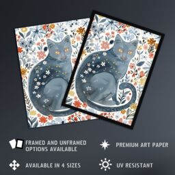 Artery8 Cat Lover Russian Blue with Bright Wildflowers Framed Wall Art - Size: A4 - thumbnail 2