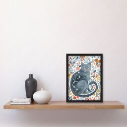 Artery8 Cat Lover Russian Blue with Bright Wildflowers Framed Wall Art - Size: A4 - thumbnail 4