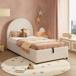 Matteo Beige Boucle Upholstered Single Bed Frame with Hydraulic Storage - thumbnail 4