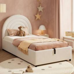 Matteo Beige Boucle Upholstered Single Bed Frame with Hydraulic Storage - thumbnail 2