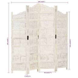 Berkfield Home Hand carved 4-Panel Room Divider White 160x165 cm Solid Mango Wood - thumbnail 7