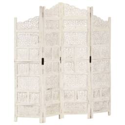 Berkfield Home Hand carved 4-Panel Room Divider White 160x165 cm Solid Mango Wood - thumbnail 2