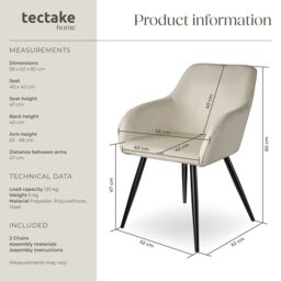 tectake Dining Chair Marilyn Per Piece - Cream/Black in Cream - Size: 1 Pack - thumbnail 6