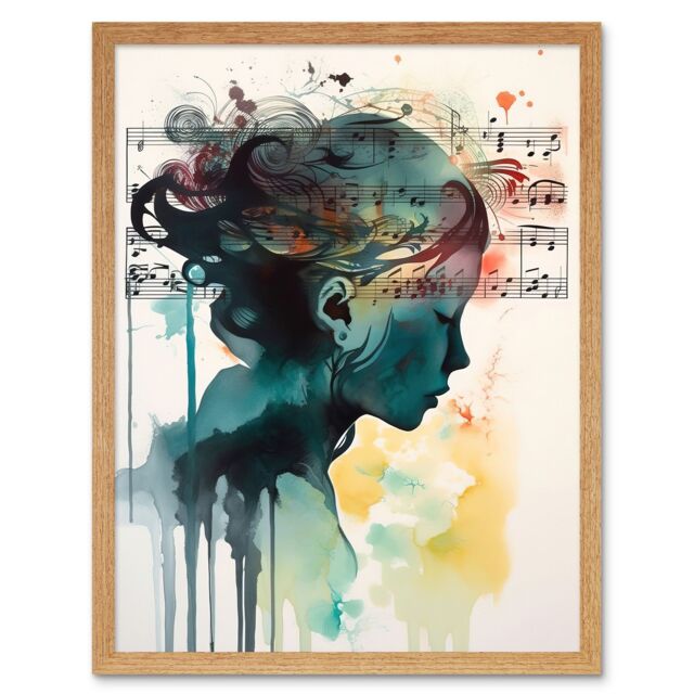 "Artery8 Wall Art Print Music on my Mind Singing in my Head Modern Portrait Watercolour Art Framed in Light Oak - Size: W12"" x H16""" - image 1