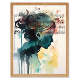 "Artery8 Wall Art Print Music on my Mind Singing in my Head Modern Portrait Watercolour Art Framed in Light Oak - Size: W12"" x H16""" - thumbnail 1