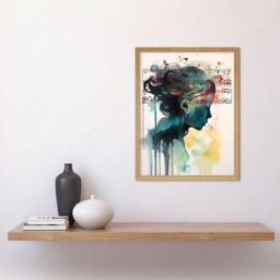 "Artery8 Wall Art Print Music on my Mind Singing in my Head Modern Portrait Watercolour Art Framed in Light Oak - Size: W12"" x H16""" - thumbnail 2