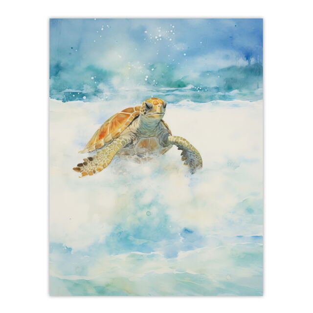 Artery8 Sea Turtle Surf Watercolour Painting Surfing Over Foam Waves Bright Seascape Unframed Wall Art Print Poster Home Decor Premium - image 1