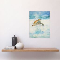 Artery8 Sea Turtle Surf Watercolour Painting Surfing Over Foam Waves Bright Seascape Unframed Wall Art Print Poster Home Decor Premium - thumbnail 4