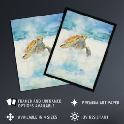 Artery8 Sea Turtle Surf Watercolour Painting Surfing Over Foam Waves Bright Seascape Unframed Wall Art Print Poster Home Decor Premium - thumbnail 2