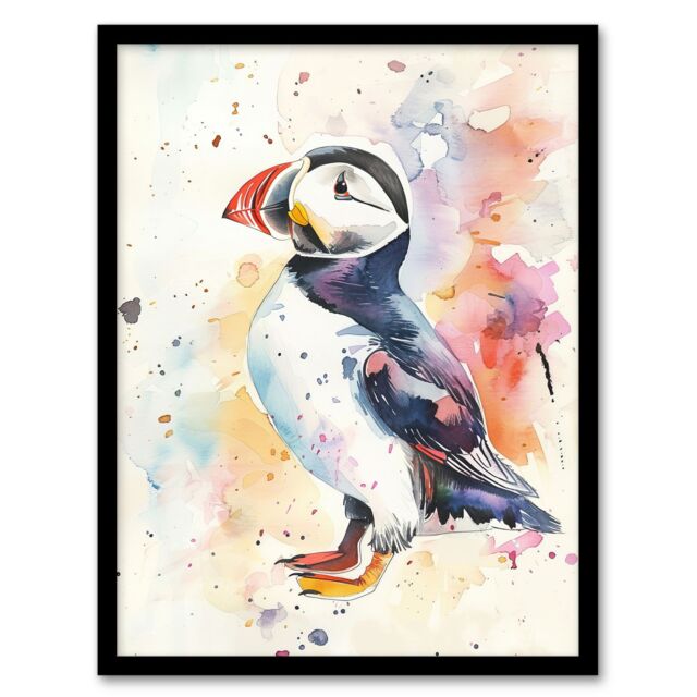 "Artery8 Cute Puffin Bird Colourful Watercolour Portrait Framed Art Print in White - Size: W12"" x H16""" - image 1