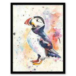 "Artery8 Cute Puffin Bird Colourful Watercolour Portrait Framed Art Print in White - Size: W12"" x H16""" - thumbnail 1