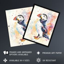 "Artery8 Cute Puffin Bird Colourful Watercolour Portrait Framed Art Print in White - Size: W12"" x H16""" - thumbnail 2