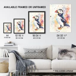 "Artery8 Cute Puffin Bird Colourful Watercolour Portrait Framed Art Print in White - Size: W12"" x H16""" - thumbnail 3
