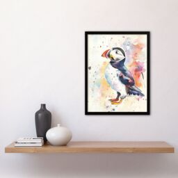 "Artery8 Cute Puffin Bird Colourful Watercolour Portrait Framed Art Print in White - Size: W12"" x H16""" - thumbnail 4