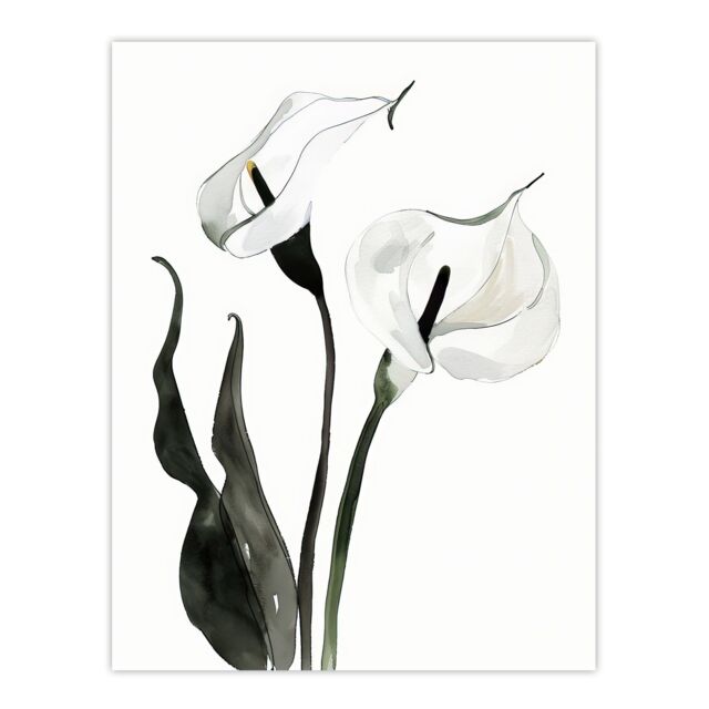"Artery8 Calla Lily Flower Black White Watercolour Lilies Wall Art Print - Size: W24"" x H32""" - image 1