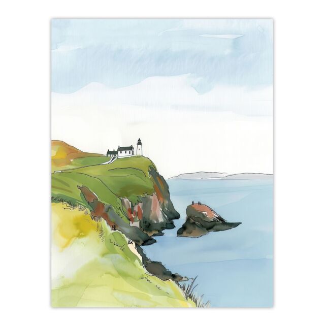"Artery8 Scotland Mull of Kintyre Lighthouse Watercolour Wall Art Print in Blue - Size: W12"" x H16""" - image 1