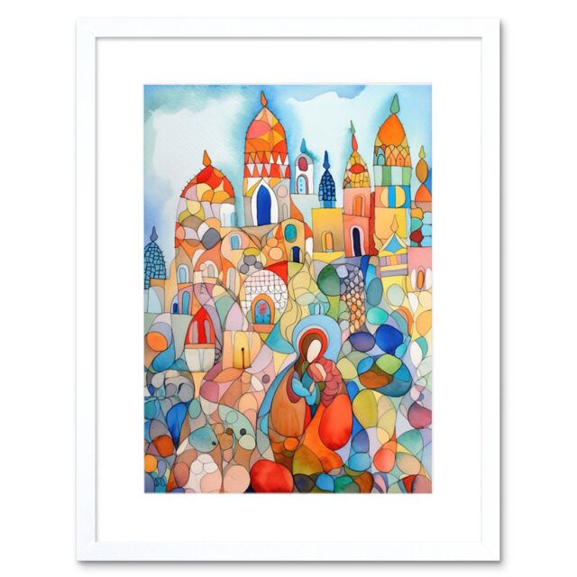 "Artery8 Wall Art Print Abstract Moroccan Cityscape Folk Artwork Framed 9X7 Inch in White - Size: W7"" x H9""" - image 1