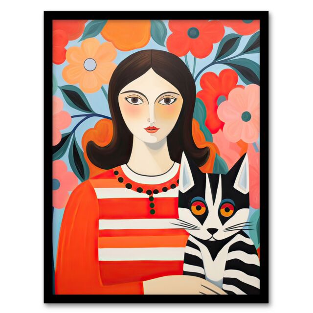 Artery8 Wall Art Print Cat Woman Henri Matisse Style Floral Portrait Framed Art Picture - Size: A4 - image 1