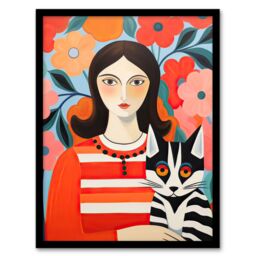Artery8 Wall Art Print Cat Woman Henri Matisse Style Floral Portrait Framed Art Picture - Size: A4 - thumbnail 1
