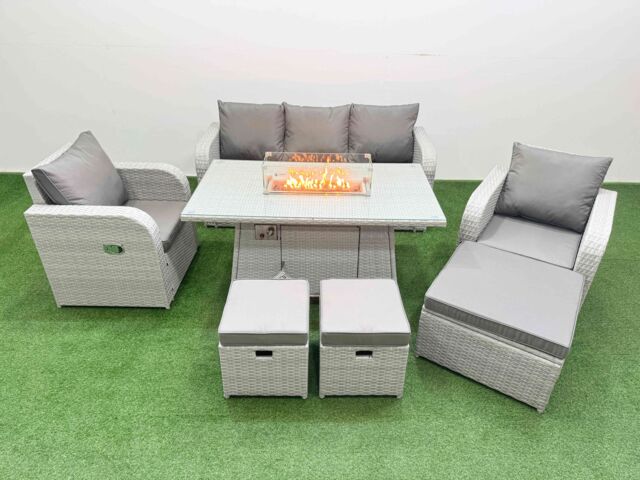 Fimous PE Rattan Garden Furniture Set Reclining Chair Sofa Lounge Sofa Set Firepit Dining Table 3 Stools Light Grey - image 1