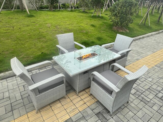 Fimous Rattan Outdoor Garden furniture Set Gas Fire Pit Table & 4 Chairs Set in Light Grey