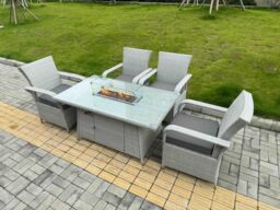 Fimous Rattan Outdoor Garden furniture Set Gas Fire Pit Table & 4 Chairs Set in Light Grey - thumbnail 2