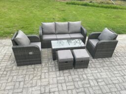 Fimous 7 Seater Outdoor Garden Furniture Sets Wicker Rattan Furniture Sofa Sets with Rectangular Coffee Table Reclining Chair in Dark Grey - thumbnail 2