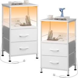 Aosom Set of 2 Bedside Tables with LED & Charging Station in White - Size: 1 Pack