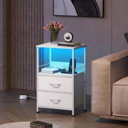 Aosom Set of 2 Bedside Tables with LED & Charging Station in White - Size: 1 Pack - thumbnail 2
