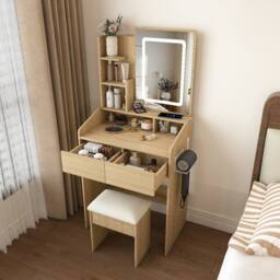 Rolipo Compact Makeup Vanity Desk With LED Lights Power Socket & Stool in Brown - thumbnail 9