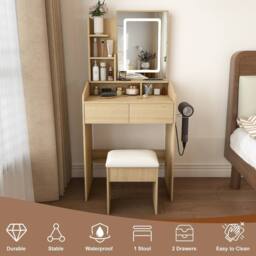 Rolipo Compact Makeup Vanity Desk With LED Lights Power Socket & Stool in Brown - thumbnail 3