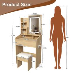 Rolipo Compact Makeup Vanity Desk With LED Lights Power Socket & Stool in Brown - thumbnail 2