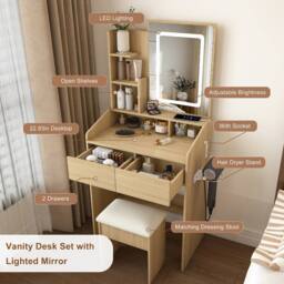 Rolipo Compact Makeup Vanity Desk With LED Lights Power Socket & Stool in Brown - thumbnail 4