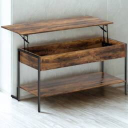 Pirlo Plush Industrial Lift Top Coffee Table With Storage Shelf Rustic in Brown - thumbnail 2