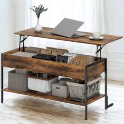 Pirlo Plush Industrial Lift Top Coffee Table With Storage Shelf Rustic in Brown - thumbnail 1