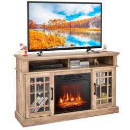 Gymax Fireplace TV Stand for TVs up to 55 Inches With 2000W Electric Fireplace Insert in Natural - thumbnail 1