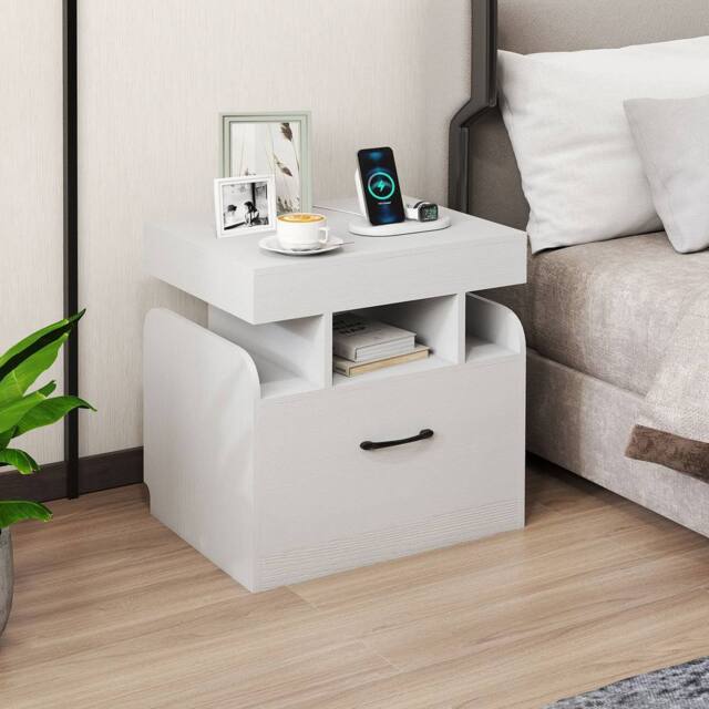 Costway Wooden Nightstand Modern Bedside Table w/ Drawer & Charging Outlets in White - image 1