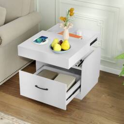Costway Wooden Nightstand Modern Bedside Table w/ Drawer & Charging Outlets in White - thumbnail 7