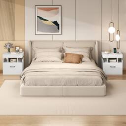 Costway Wooden Nightstand Modern Bedside Table w/ Drawer & Charging Outlets in White - thumbnail 6