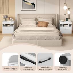 Costway Wooden Nightstand Modern Bedside Table w/ Drawer & Charging Outlets in White - thumbnail 9