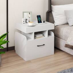 Costway Wooden Nightstand Modern Bedside Table w/ Drawer & Charging Outlets in White - thumbnail 1