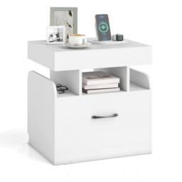Costway Wooden Nightstand Modern Bedside Table w/ Drawer & Charging Outlets in White - thumbnail 3