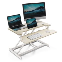 VonHaus Height Adjustable Light Wood Standing Desk Converter with Keyboard Shelf in Light Brown