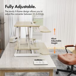 VonHaus Height Adjustable Light Wood Standing Desk Converter with Keyboard Shelf in Light Brown - thumbnail 3